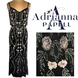 Adrianna Papell Black Evening Dress with Silver & Pink Beading